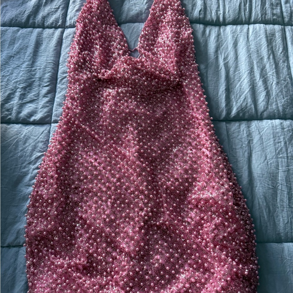 Oh Polly Pink Beaded Mini Dress
